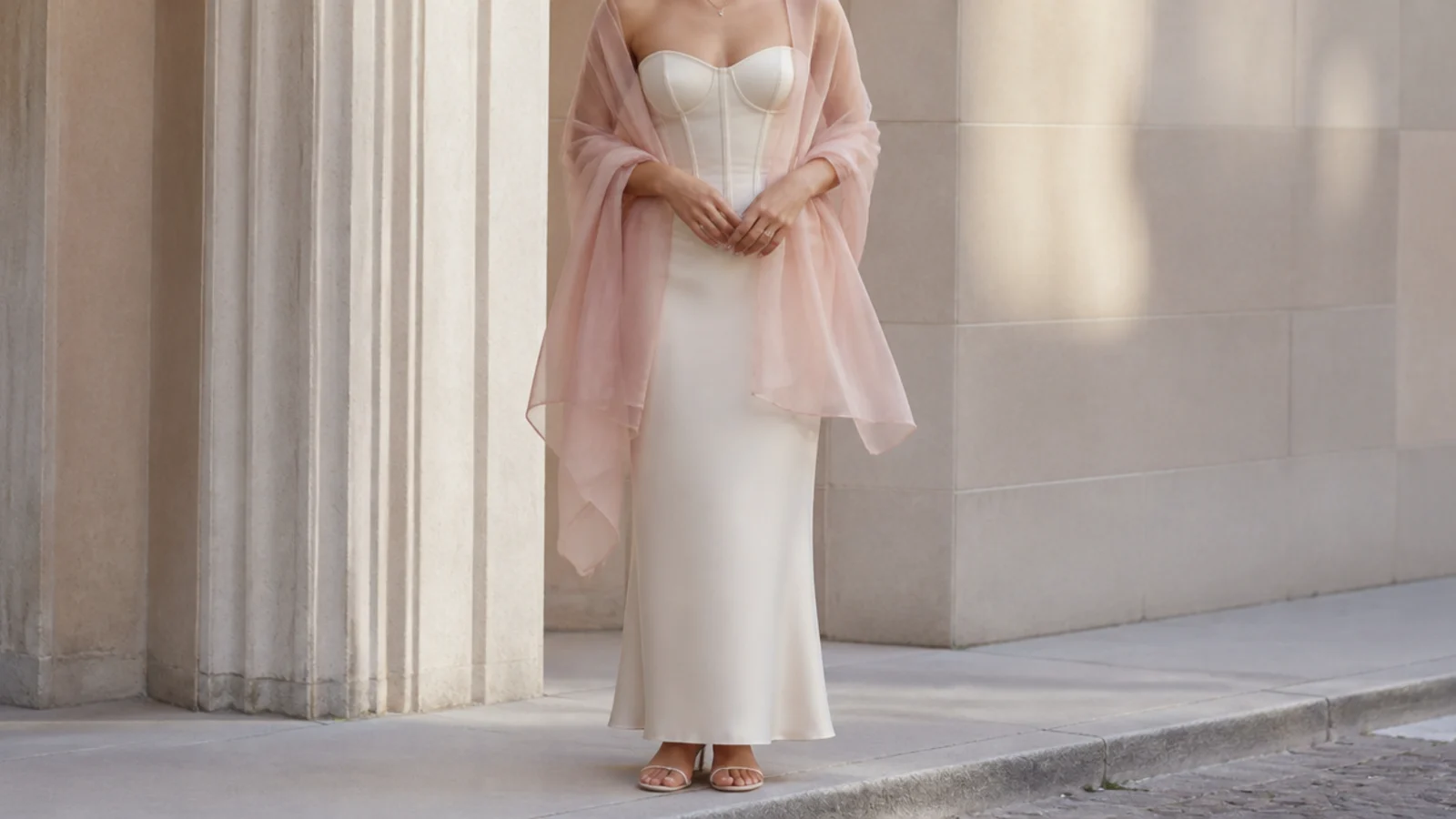 Faceless waist-up shot of a corset top draped with a sheer chiffon wrap over the shoulders with a column skirt