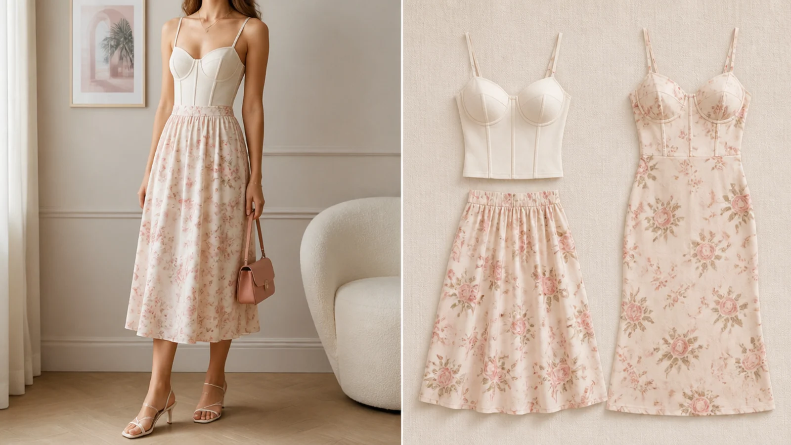 Faceless comparison flat-lay of a corset top with a separate midi skirt beside a one-piece corset dress