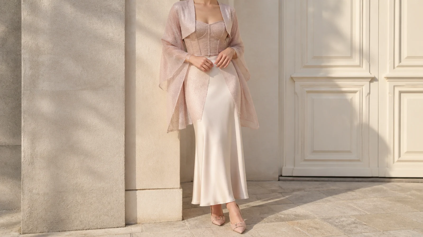 Faceless waist-up shot of a corset top layered under a cropped bolero and a sheer wrap for ceremony coverage
