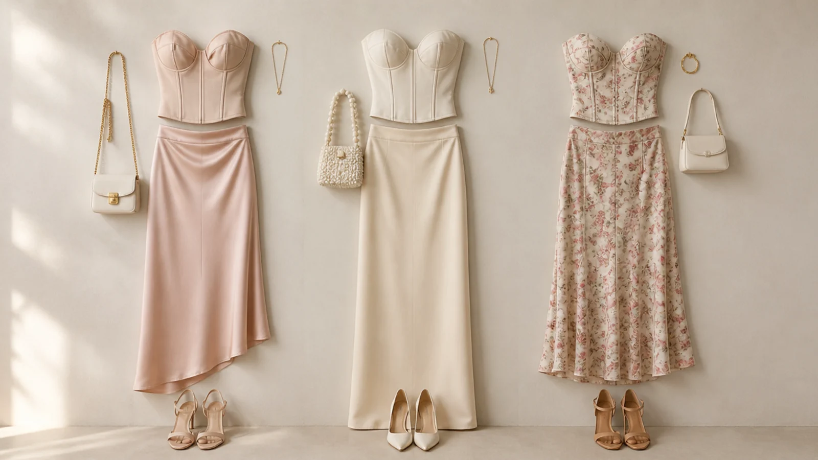Faceless flat-lay of a corset top with a bias-cut midi, a floor-length column skirt and a floral midi for three dress codes