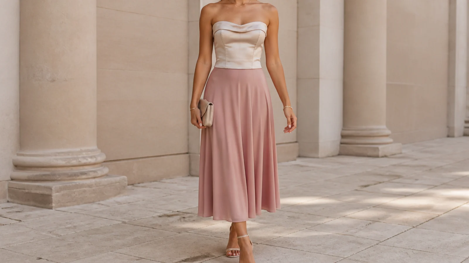 Faceless wedding guest outfit with a satin corset top and a flowing midi skirt with heels