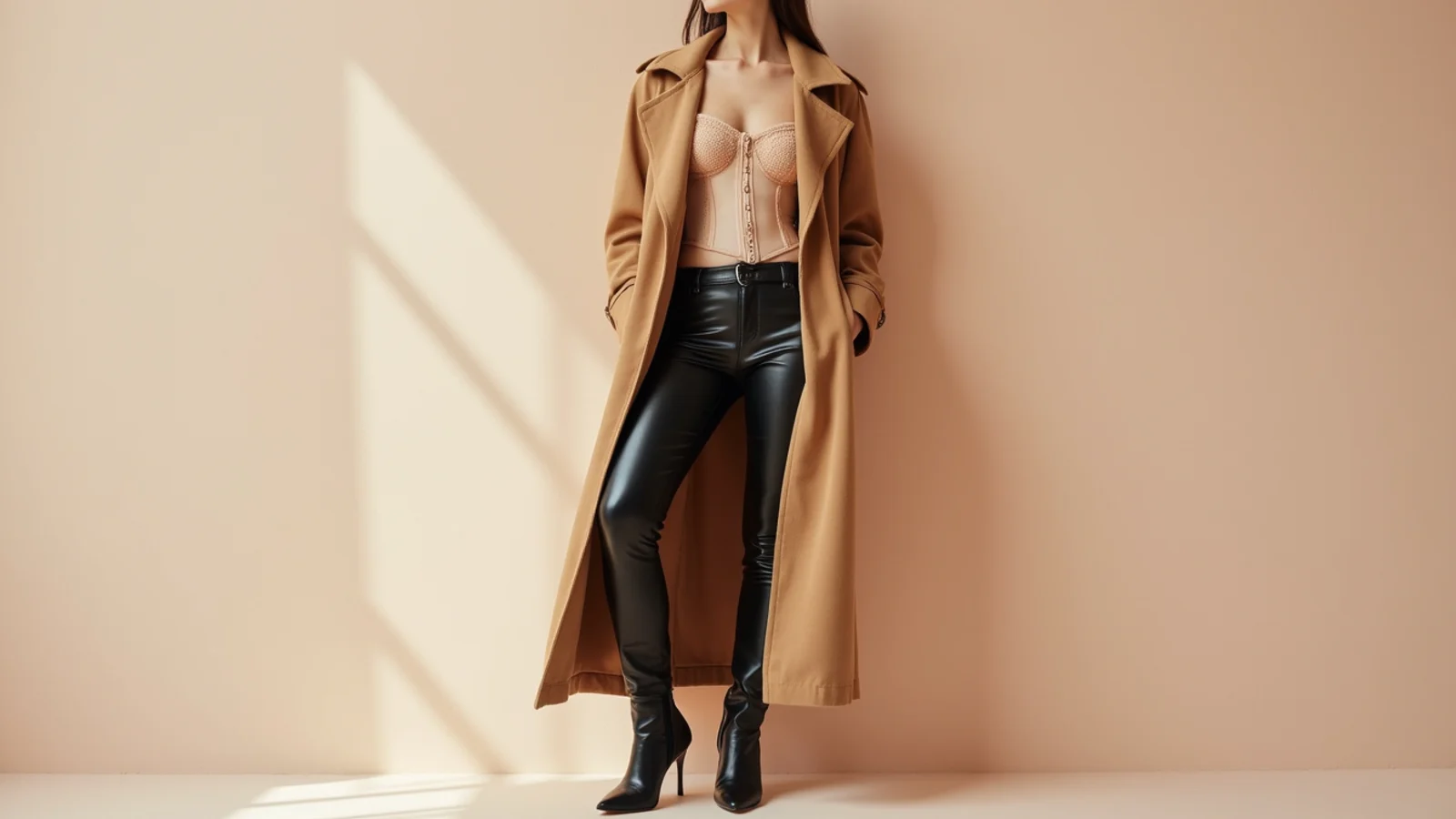 Faceless full-length shot of a corset top and black leather pants worn under an open camel trench coat with heeled boots