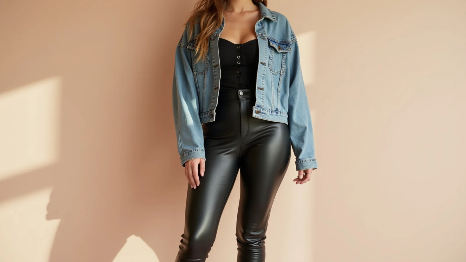 Faceless waist-up shot of a black corset top under a mid-blue denim jacket with black leather pants and boots