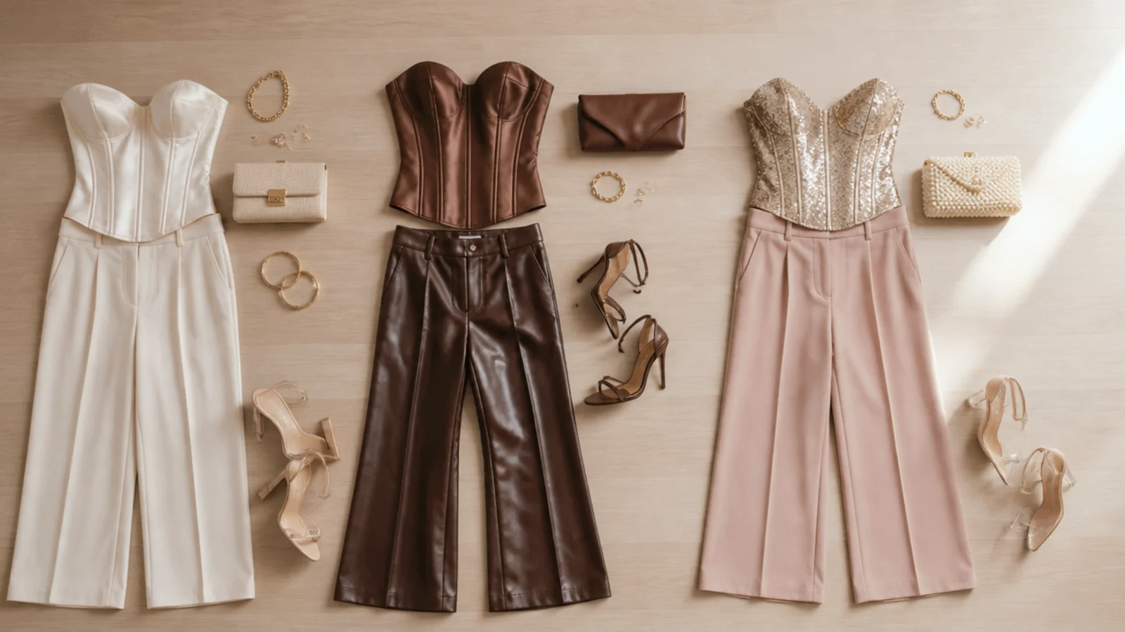 Faceless flat-lay comparing a matte satin corset, a wet-look leather pant and a sequin corset for texture contrast