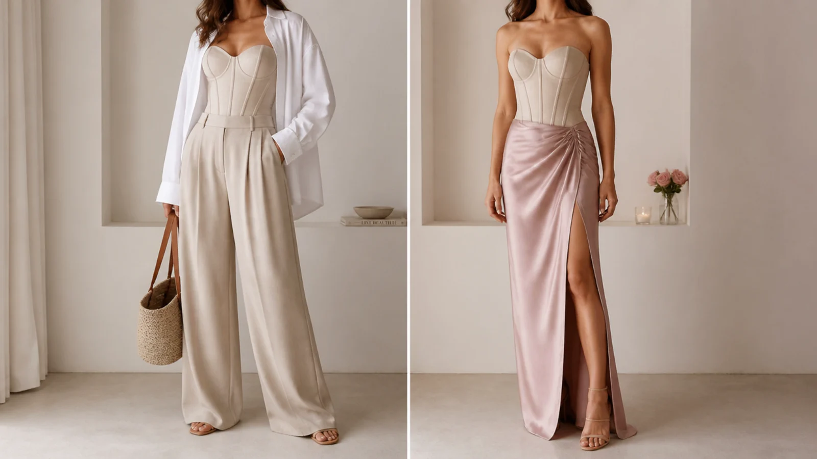 Faceless side-by-side of a daytime corset outfit with an oversized shirt and a night version with bare shoulders and heels