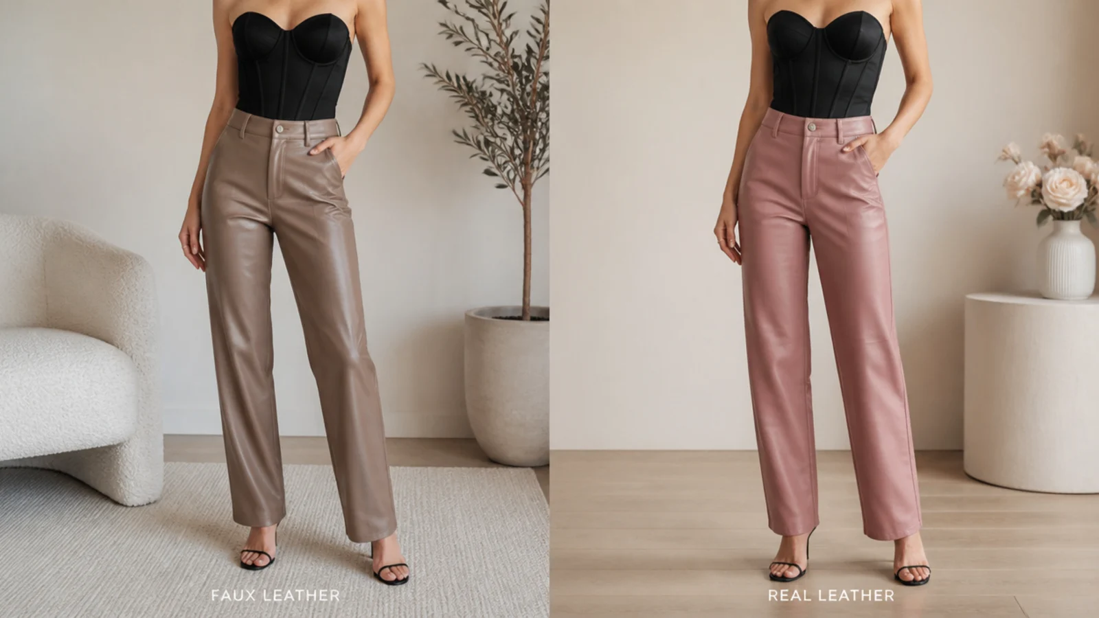 Faceless side-by-side of faux leather pants and real leather pants paired with a black corset top