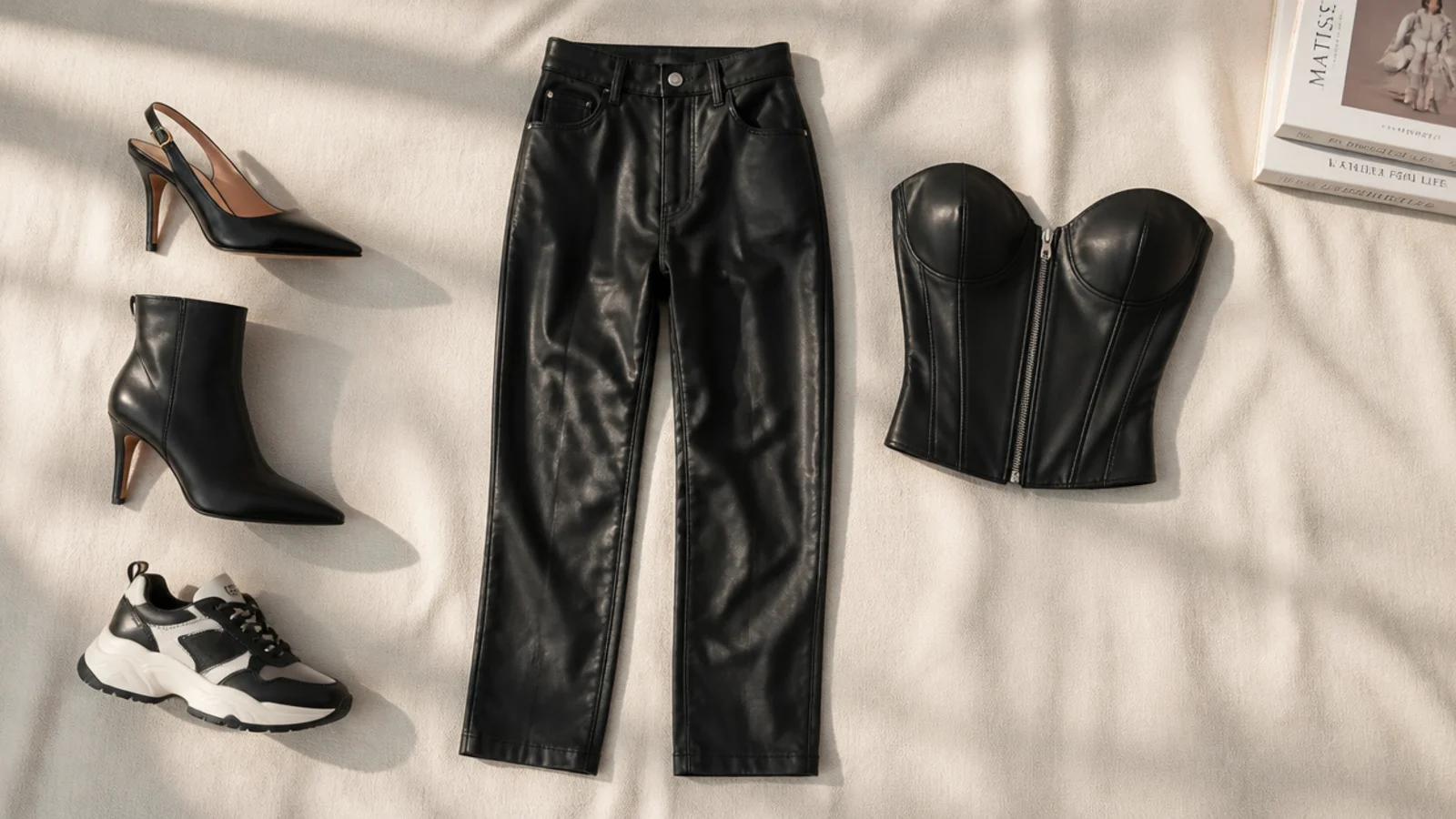 Faceless flat-lay of a pointed heel, heeled boot and chunky sneaker beside black leather pants and a corset