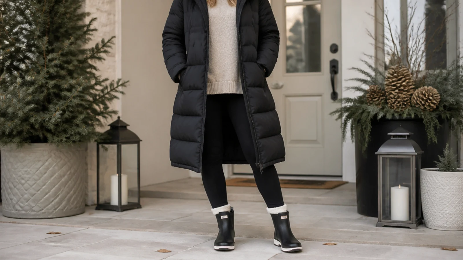 Faceless outfit with a long black quilted puffer coat over fleece-lined leggings and waterproof ankle boots