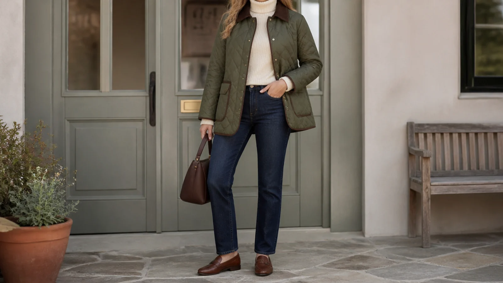 Faceless outfit with an olive quilted barn jacket over a cream merino turtleneck and dark jeans