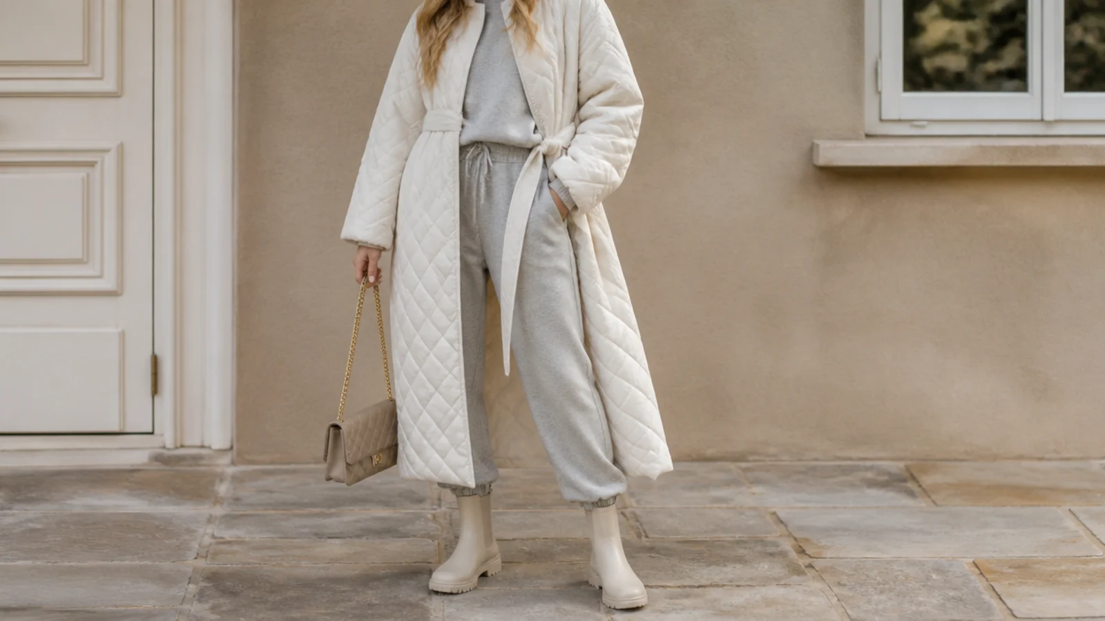 Faceless full-length outfit with a belted quilted maxi coat over a matching gray sweatsuit and waterproof boots