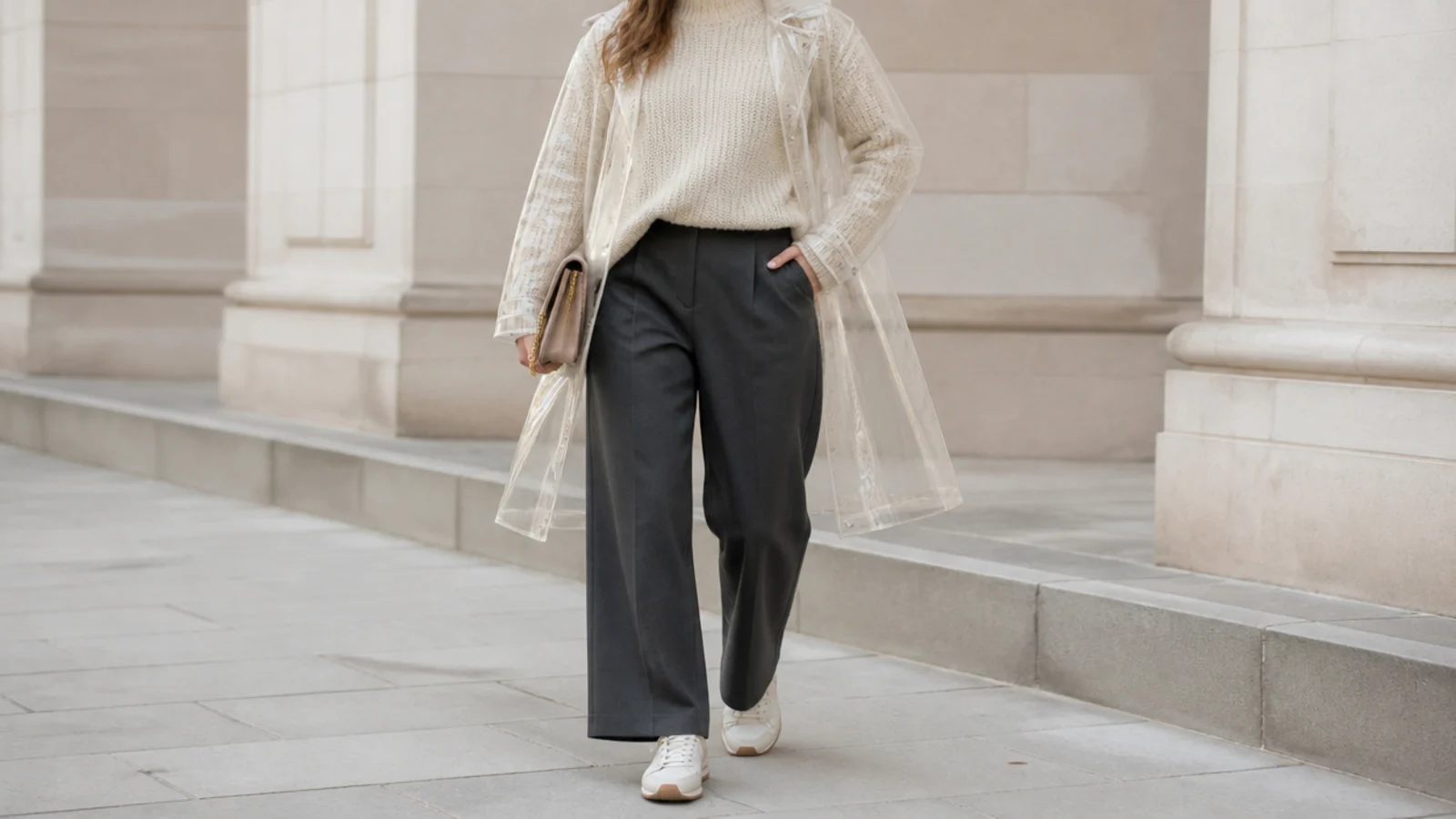 Faceless outfit with a cream chunky knit sweater under an open transparent rain shell with dark trousers