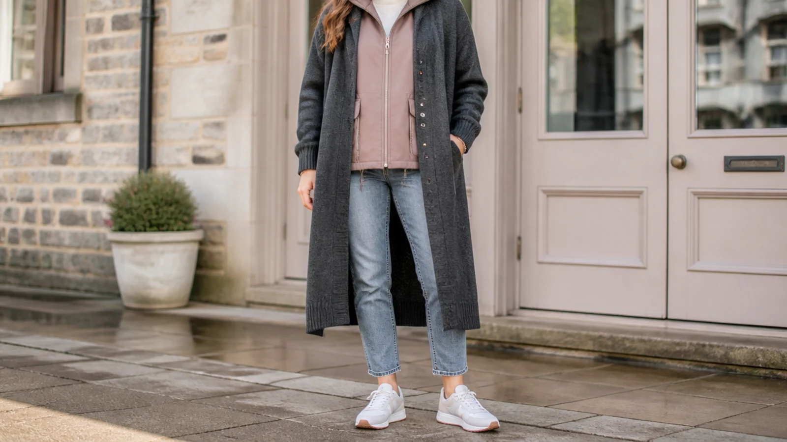 Faceless outfit with a long charcoal merino wool-blend cardigan over a slim waterproof jacket and jeans