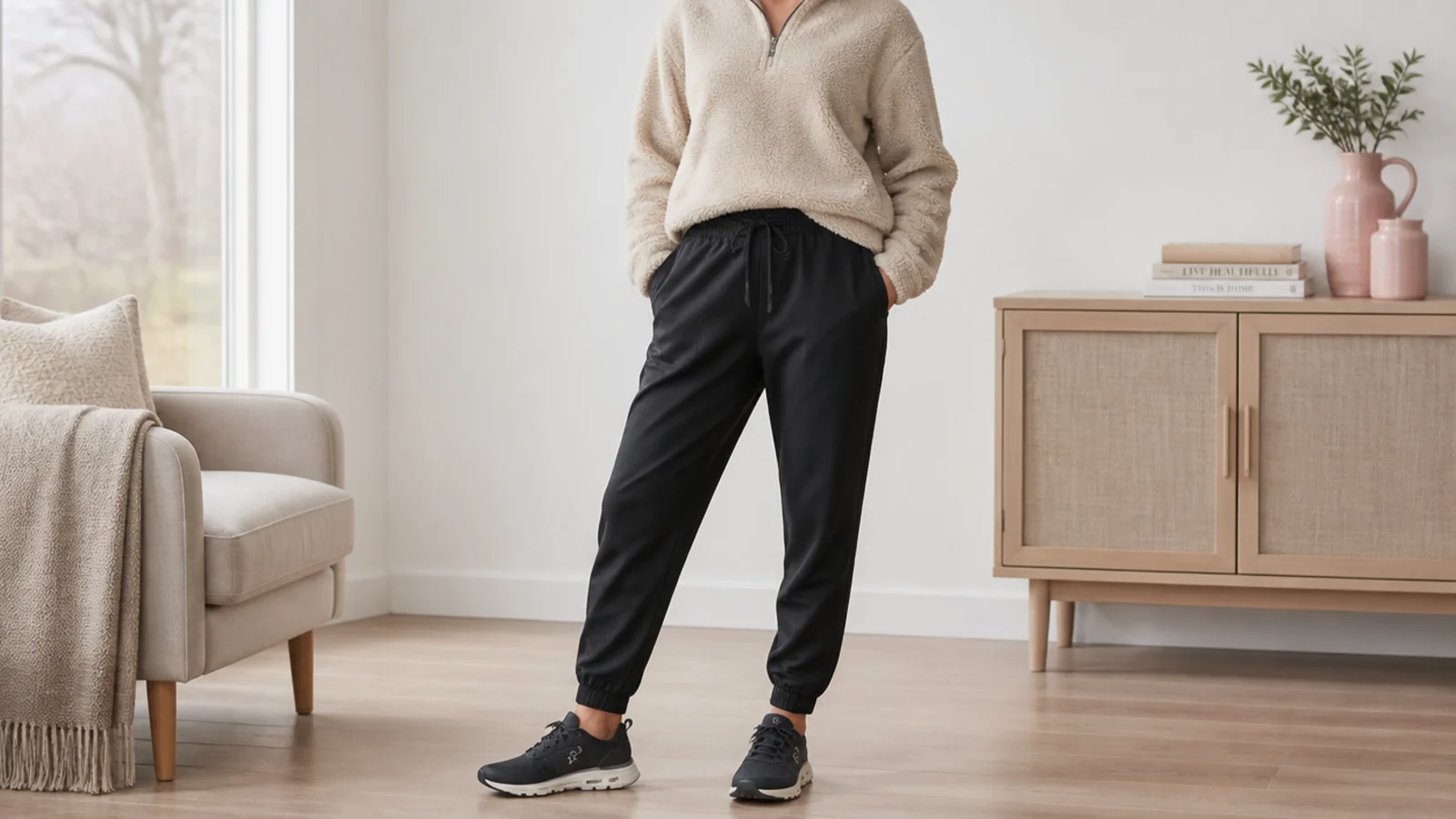 Faceless outfit with a sherpa fleece half-zip pullover and water-resistant black joggers with waterproof sneakers