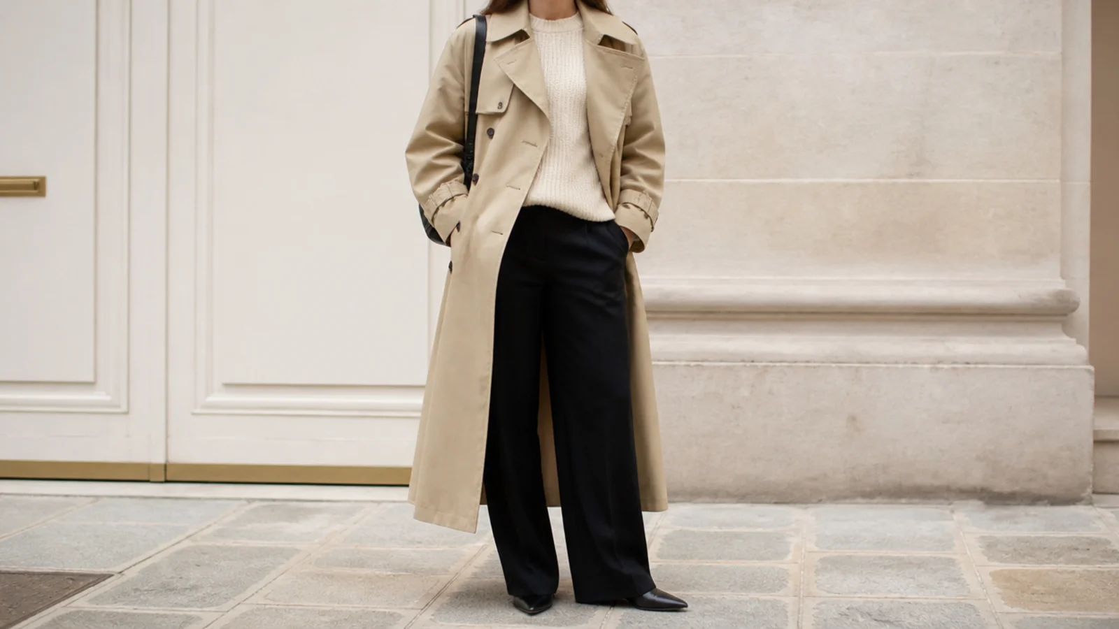 Faceless outfit with a beige waxed cotton trench coat over a cream knit sweater and dark trousers