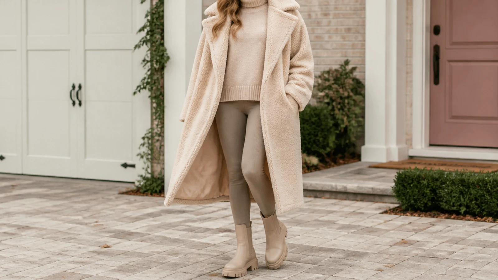 Faceless outfit with a cream teddy borg coat over a turtleneck and leggings with water-resistant lug-sole boots