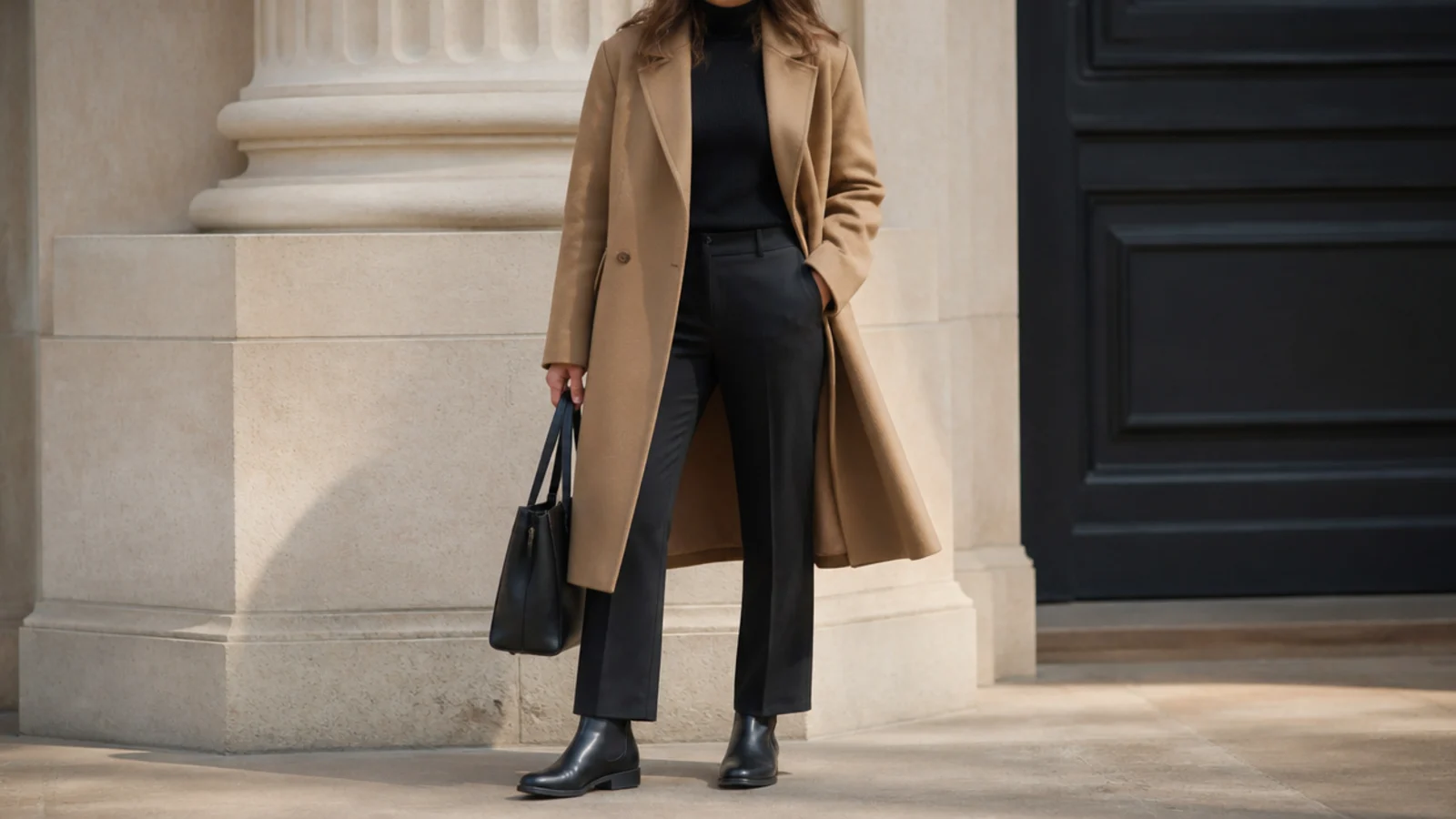 Faceless outfit with a camel wool-blend car coat over a black turtleneck and straight trousers with Chelsea boots