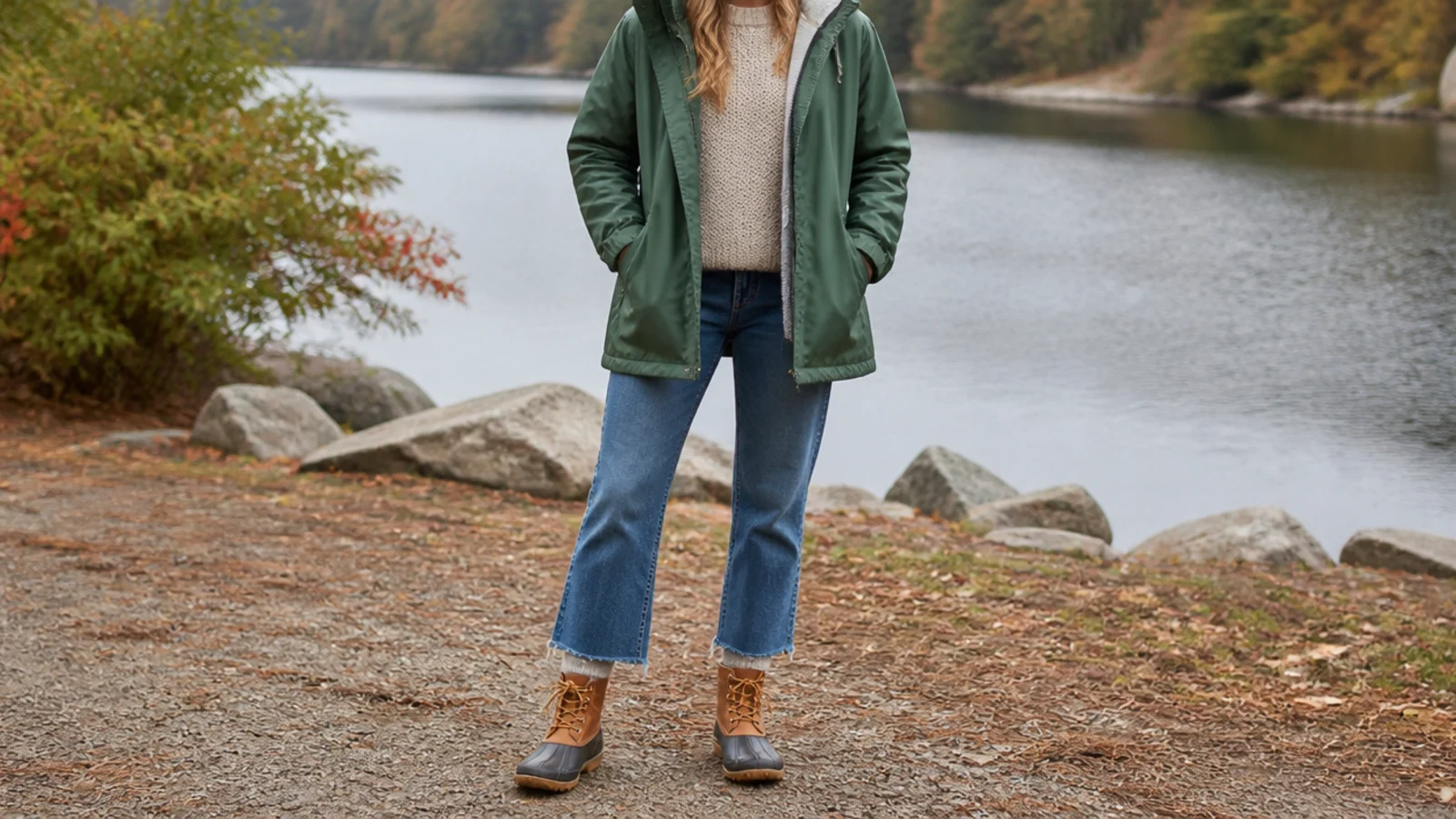 Faceless outfit with a green hooded waterproof anorak over an oatmeal chunky knit and jeans with duck boots