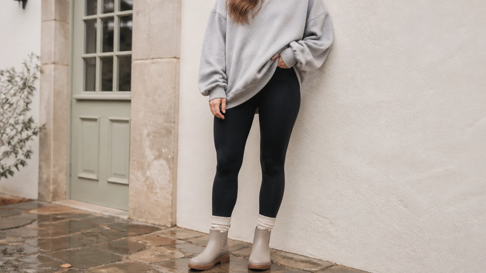 Faceless outfit with an oversized gray sweatshirt over fleece-lined black leggings and waterproof ankle boots