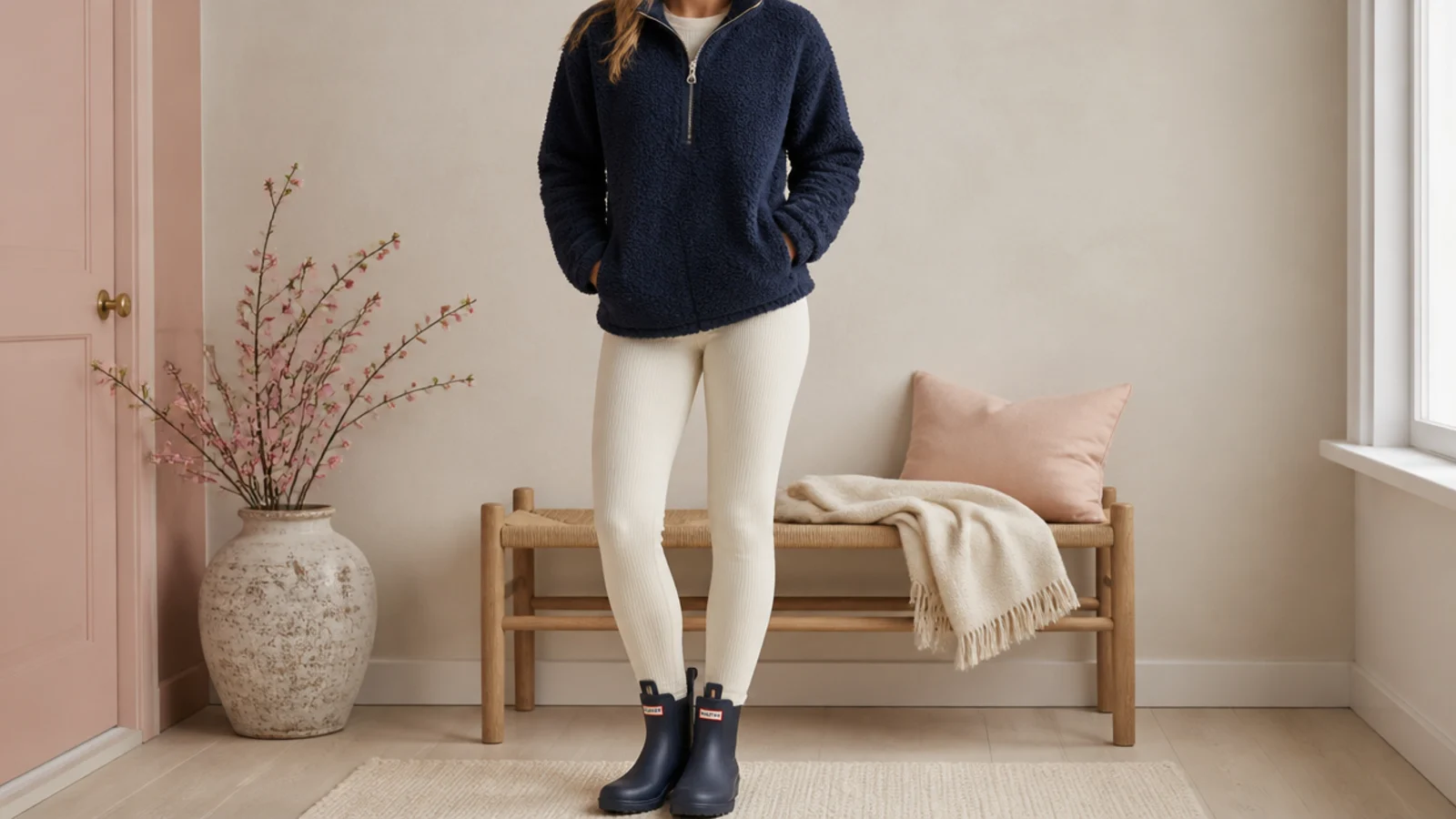 Faceless outfit with a navy quarter-zip fleece over thermal leggings and rubber Chelsea rain boots