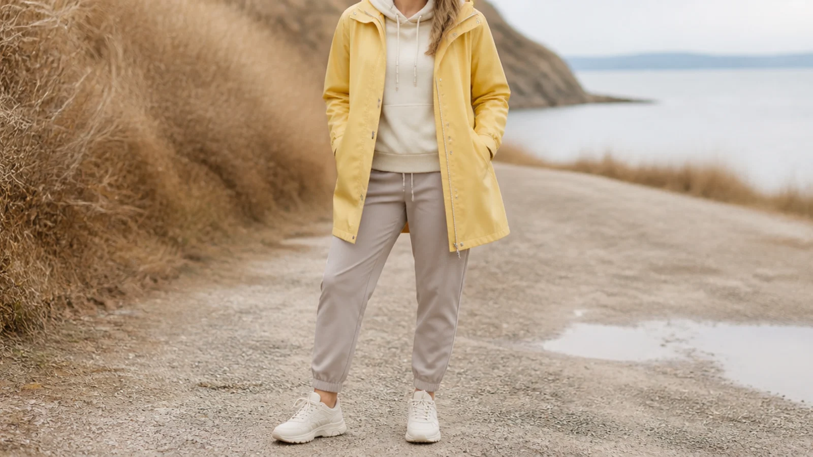 Faceless outfit with a hoodie under a yellow waterproof rain jacket and water-resistant joggers with sneakers