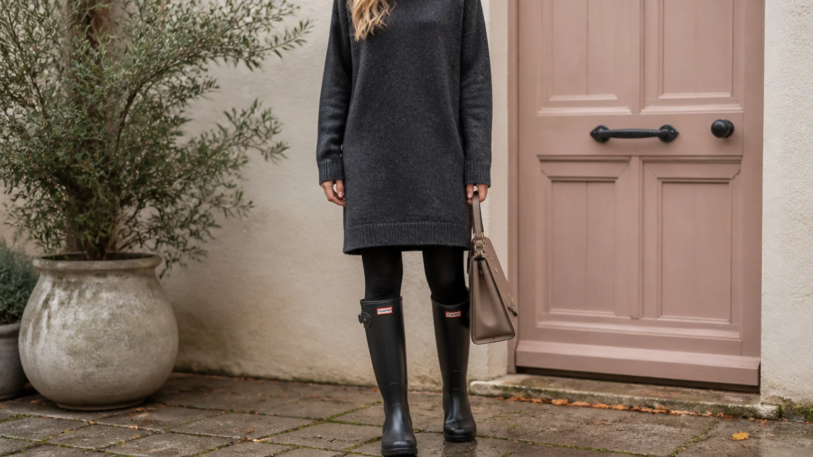 Faceless outfit with a charcoal wool-blend sweater dress over fleece-lined tights and tall rain boots