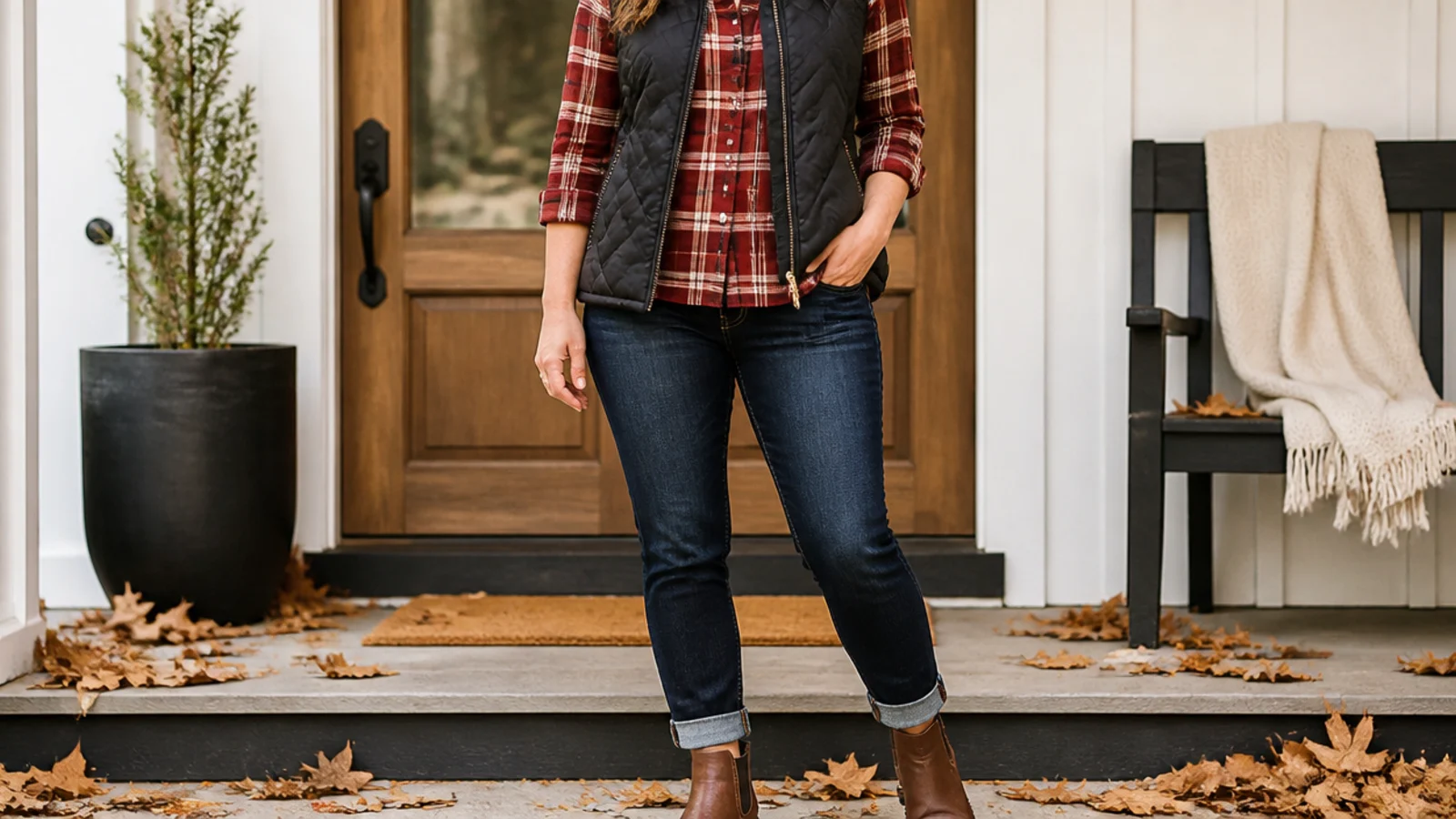 Faceless outfit with a red plaid flannel shirt under a black quilted vest with dark jeans and boots