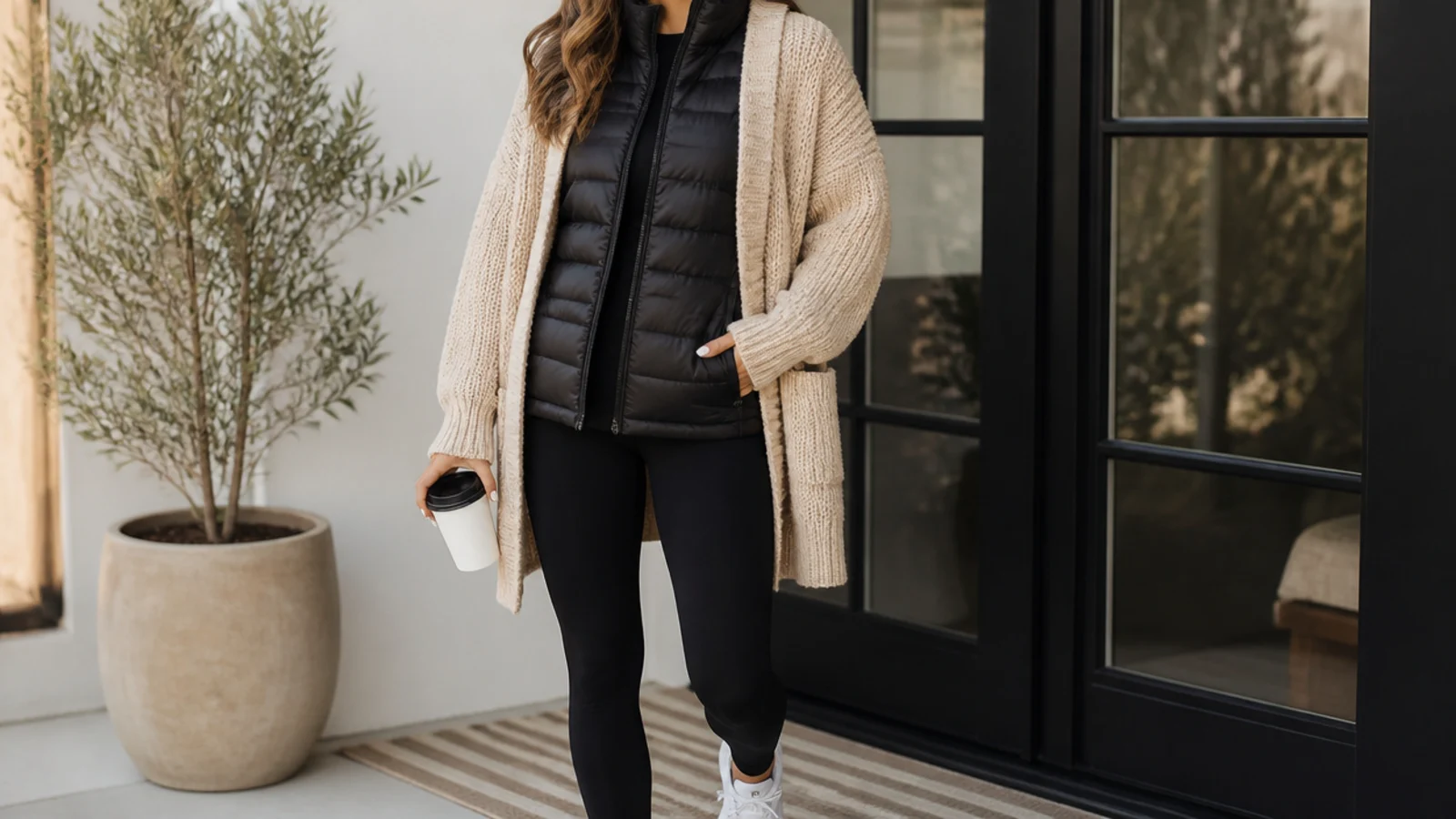 Faceless outfit with an oatmeal chunky cardigan over a black waterproof puffer vest and leggings