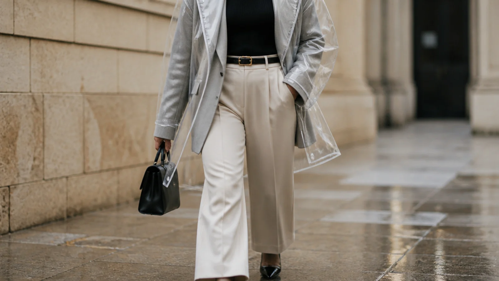 Faceless outfit with a black turtleneck under an oversized gray blazer and a clear rain shell with trousers