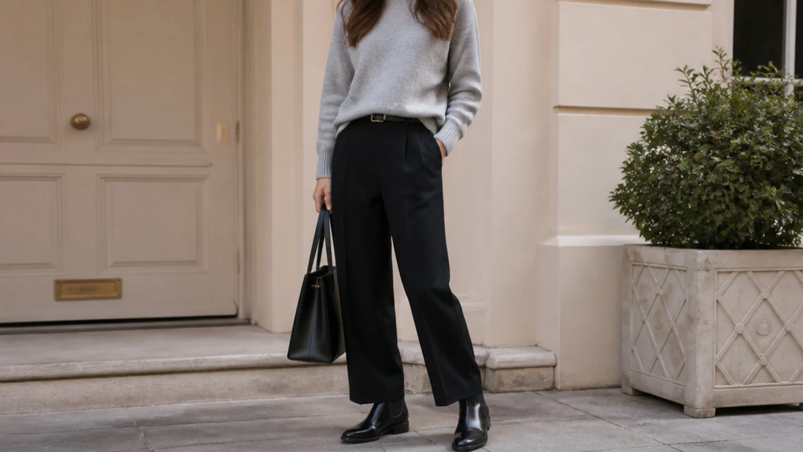 Faceless outfit with a soft gray cashmere-blend crewneck, dark trousers and glossy waterproof Chelsea boots