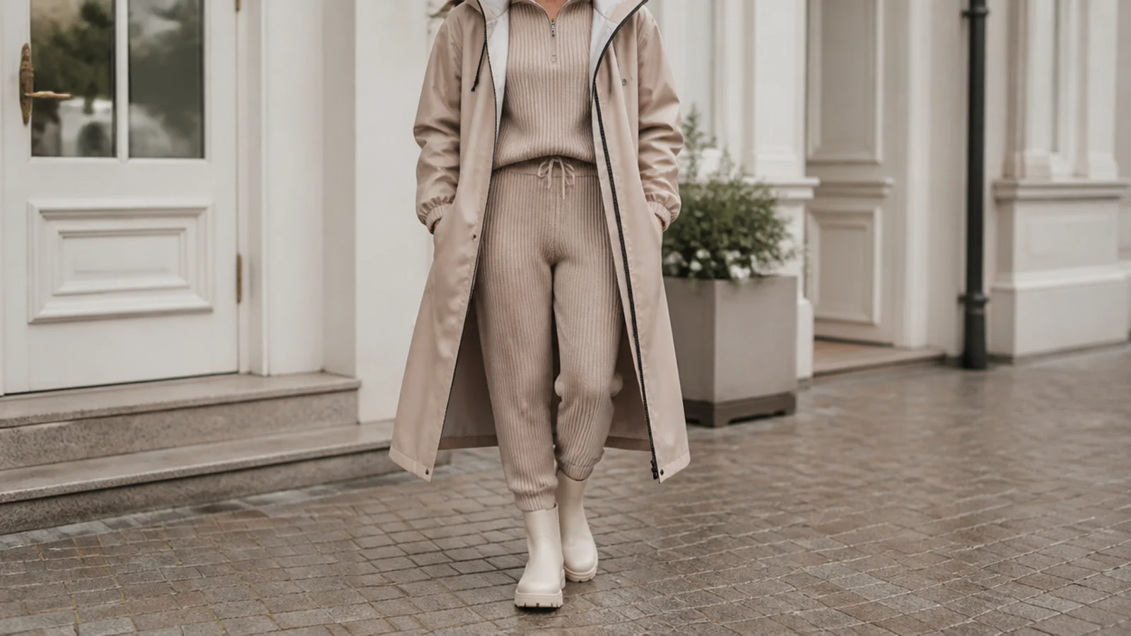 Faceless outfit with a matching ribbed knit set under a long hooded waterproof parka and waterproof boots