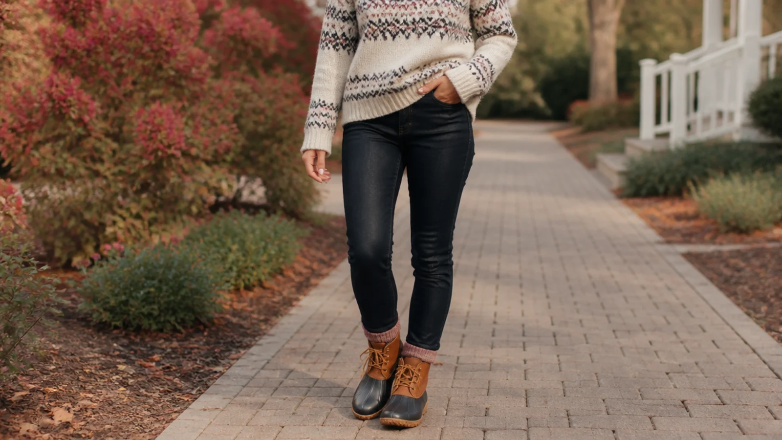 Faceless outfit with a patterned Fair Isle wool sweater, dark coated denim and rubber-bottom duck boots