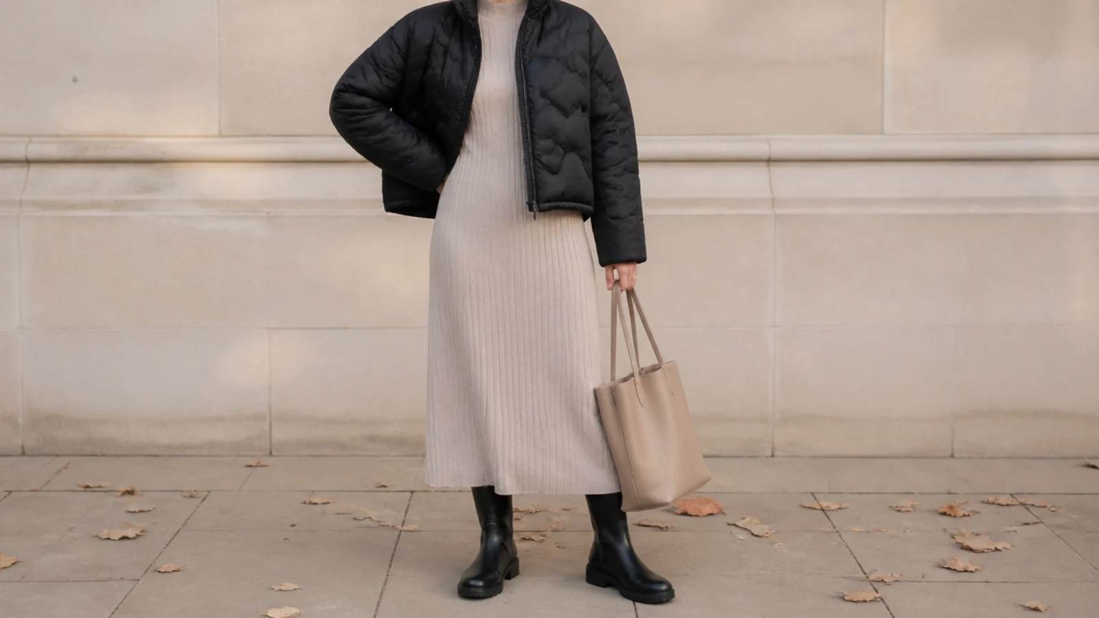 Faceless outfit with a black cropped quilted puffer over a long ribbed knit dress and tall waterproof boots