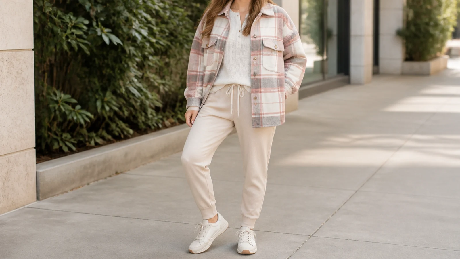 Faceless outfit with a wool-blend plaid shacket over a thermal top and joggers with waterproof sneakers