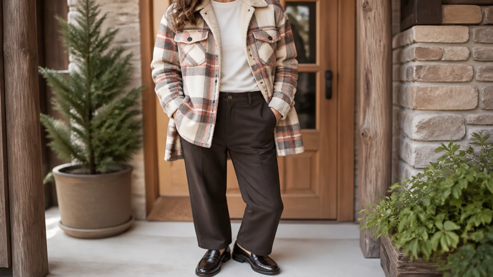 Faceless outfit with a fleece-lined plaid flannel shirt, dark trousers and glossy waterproof penny loafers