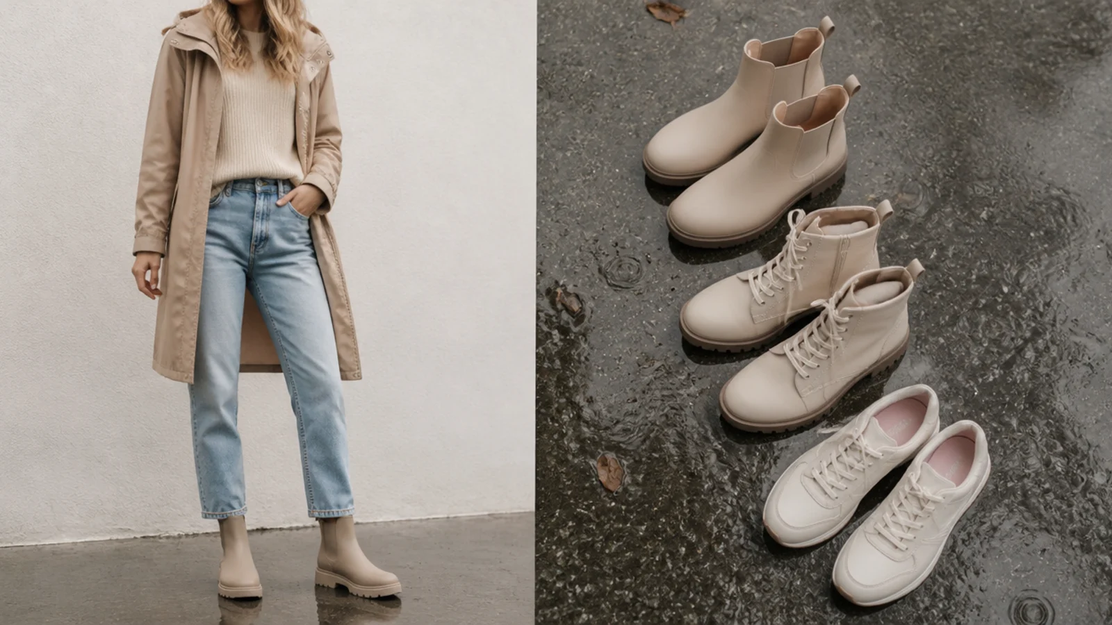 Faceless flat-lay of rubber Chelsea boots, lug-sole ankle boots and waterproof sneakers on a wet surface
