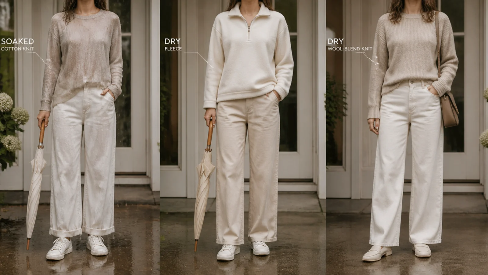 Faceless comparison of a soaked cotton knit beside a dry fleece and wool-blend knit for rainy weather