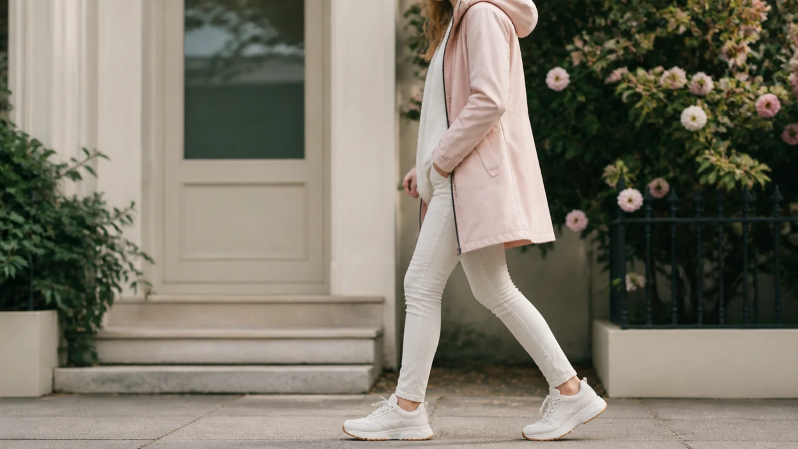 Faceless side view of a thin fleece mid-layer under a slim coated shell showing a streamlined rainy layered look