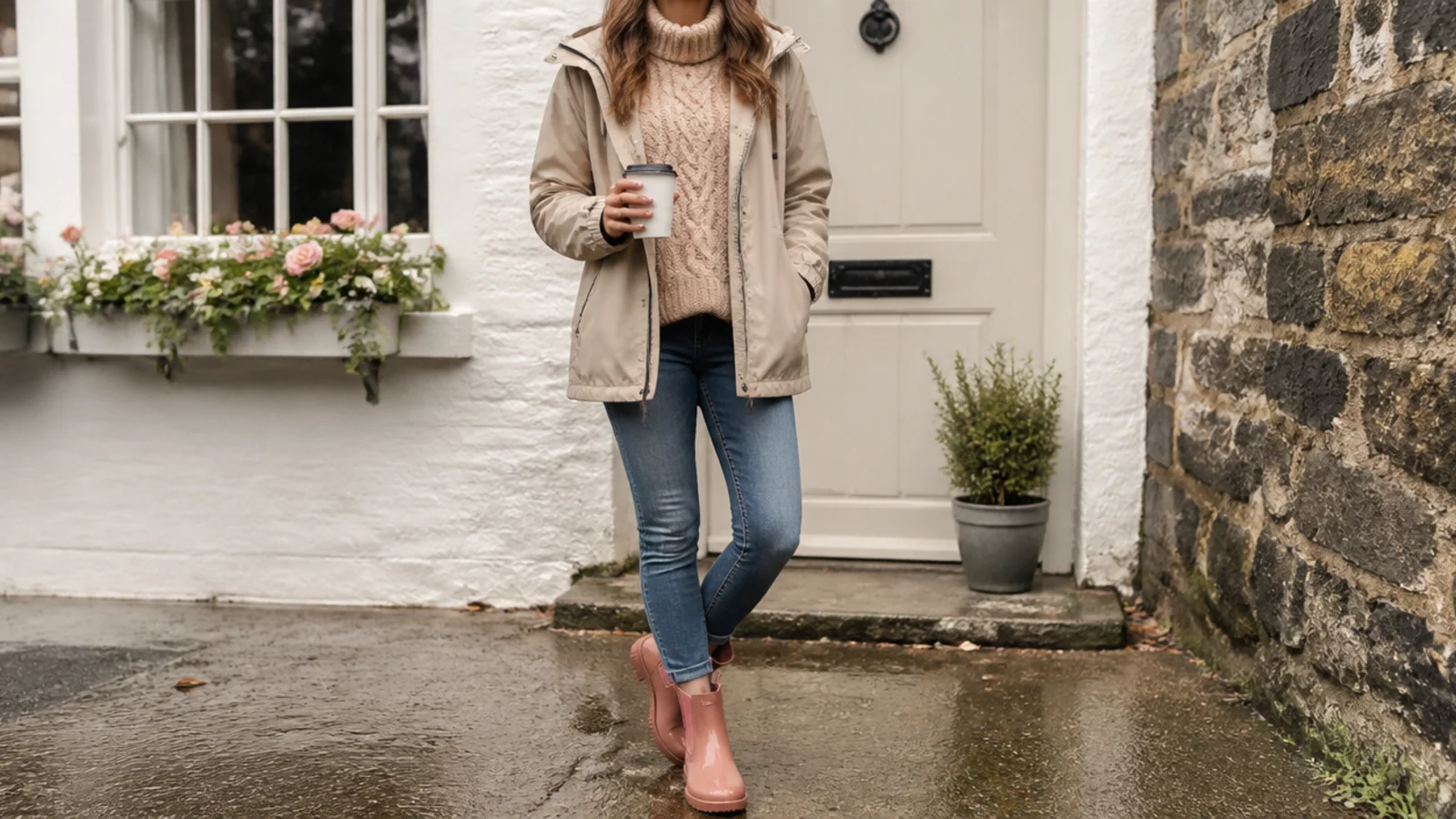 Faceless cozy rainy day outfit with a chunky knit under a rain shell and waterproof ankle boots