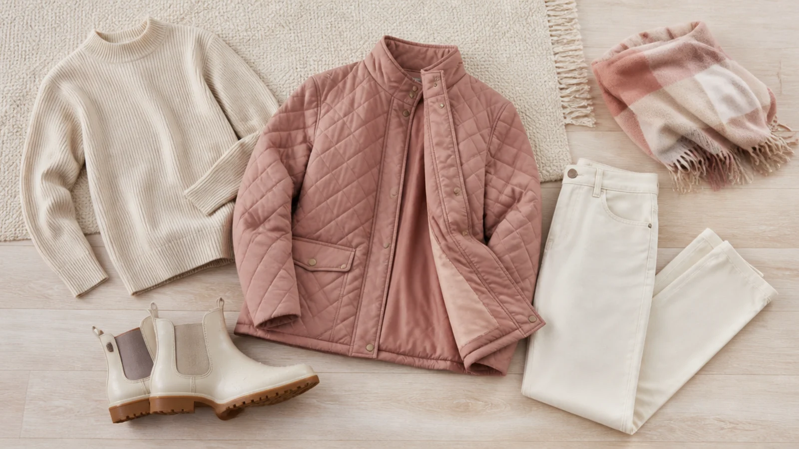 Faceless flat-lay of a merino knit, a quilted shell and waterproof ankle boots laid out for a cold rainy day