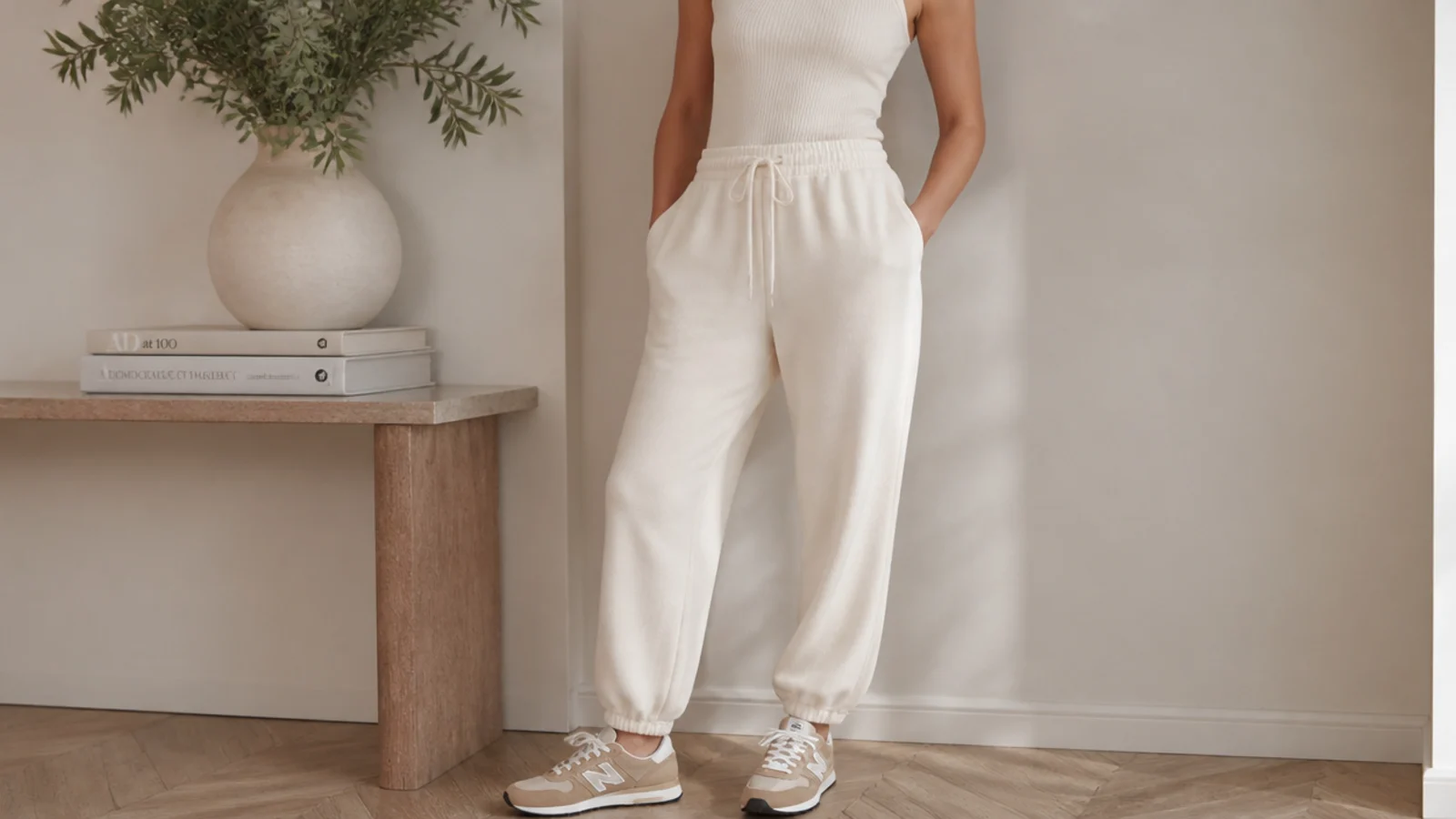 Faceless tonal cream outfit with cream French terry sweatpants, a fitted cream ribbed tank tucked in and tan sneakers