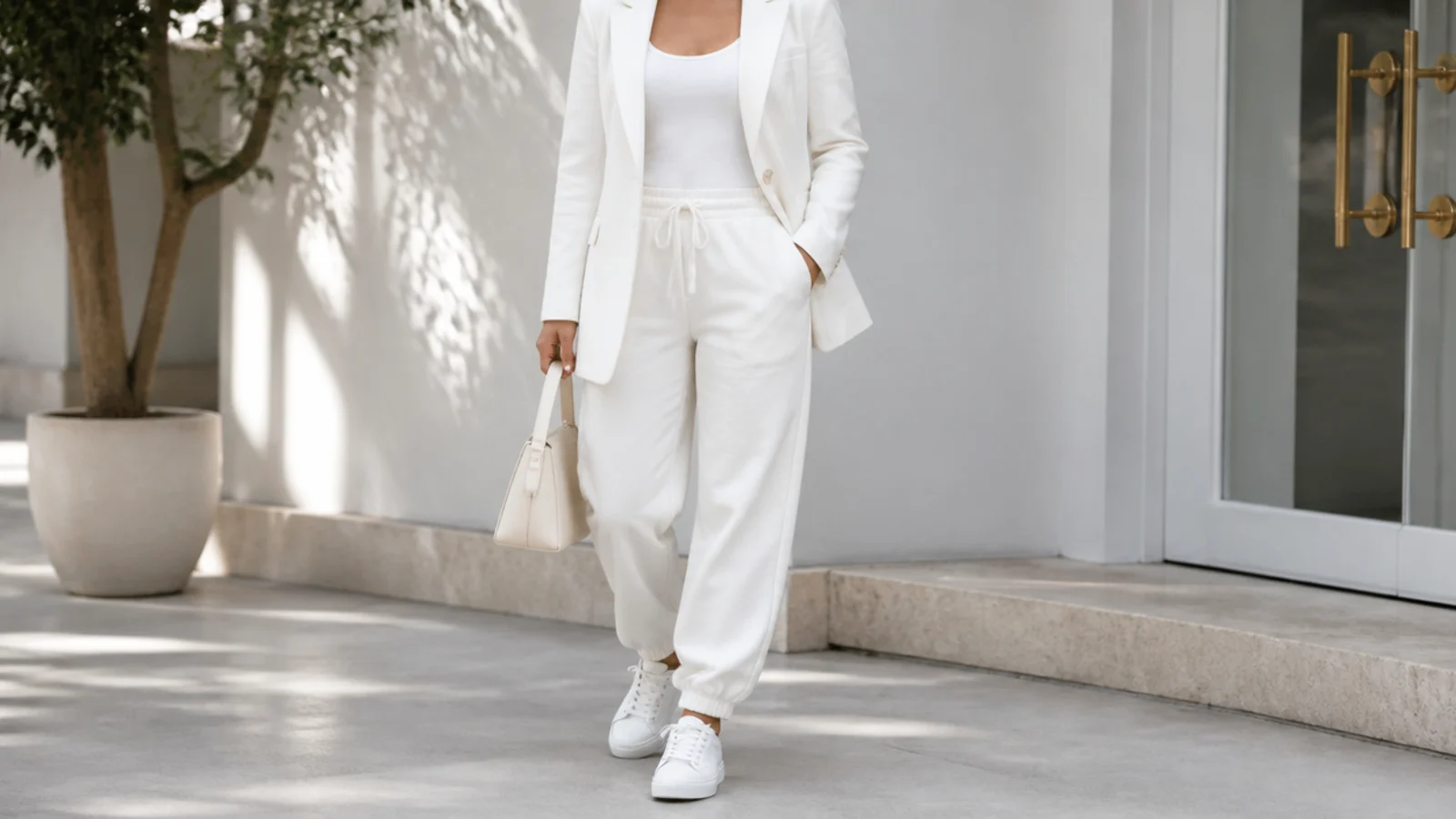 Faceless monochrome white outfit with white sweatpants, a white tank and a structured white blazer with white sneakers