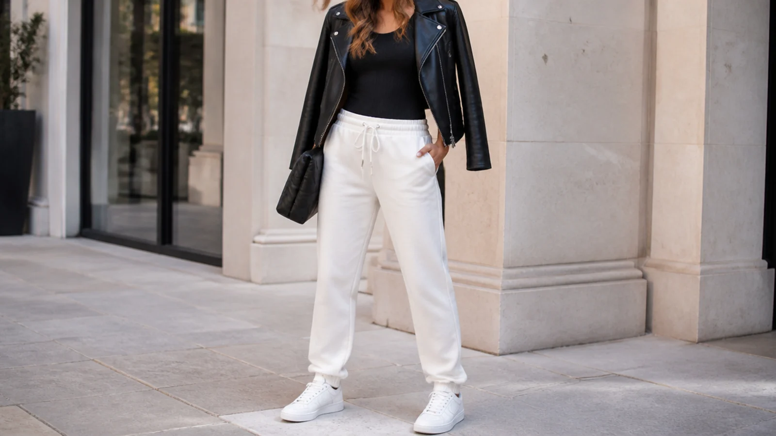 Faceless evening outfit with white sweatpants, a fitted black top and a black leather moto jacket with white sneakers