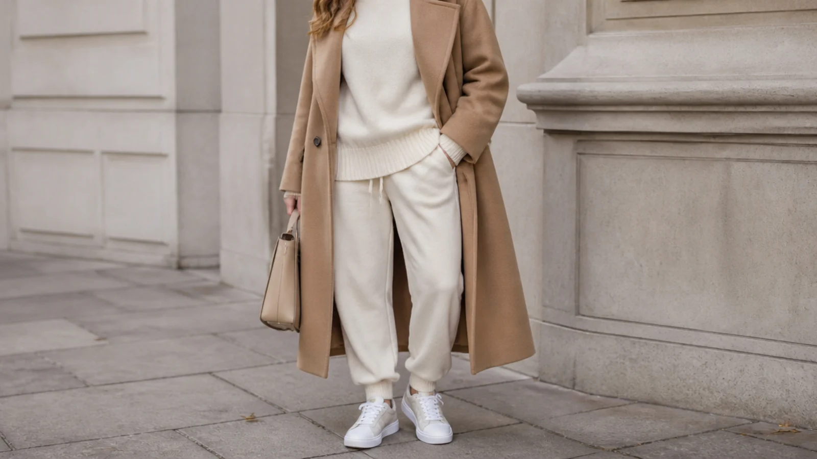 Faceless cold-weather outfit with cream sweatpants, a cream knit and a long camel wool overcoat with white sneakers