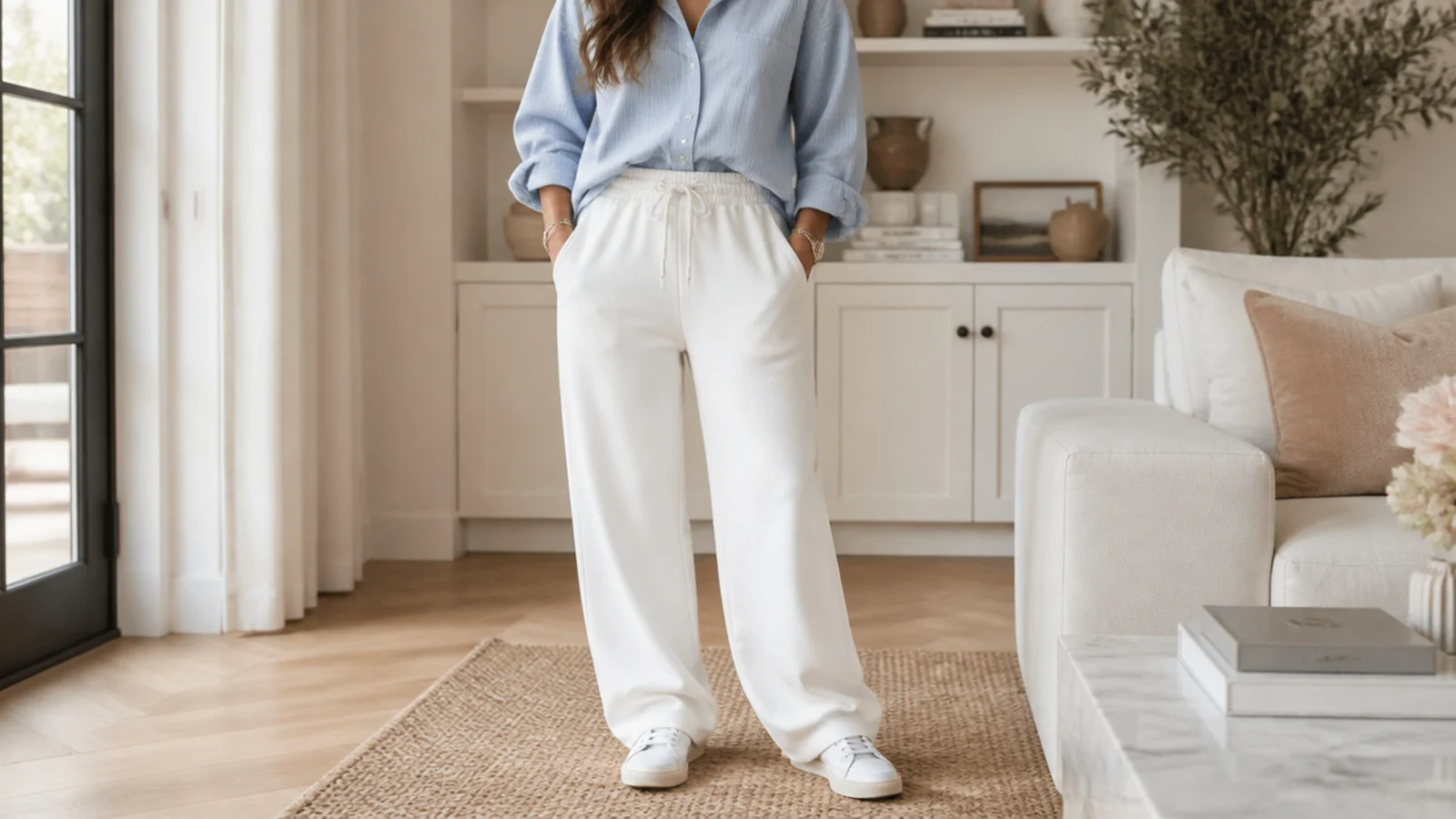 Faceless outfit with white sweatpants, a light blue oxford button-down shirt tucked in and white low-top sneakers