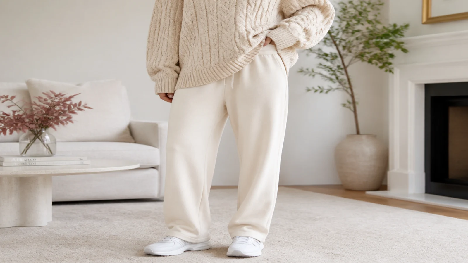 Faceless tonal outfit with cream sweatpants, an oversized oatmeal chunky cable-knit sweater and white sneakers