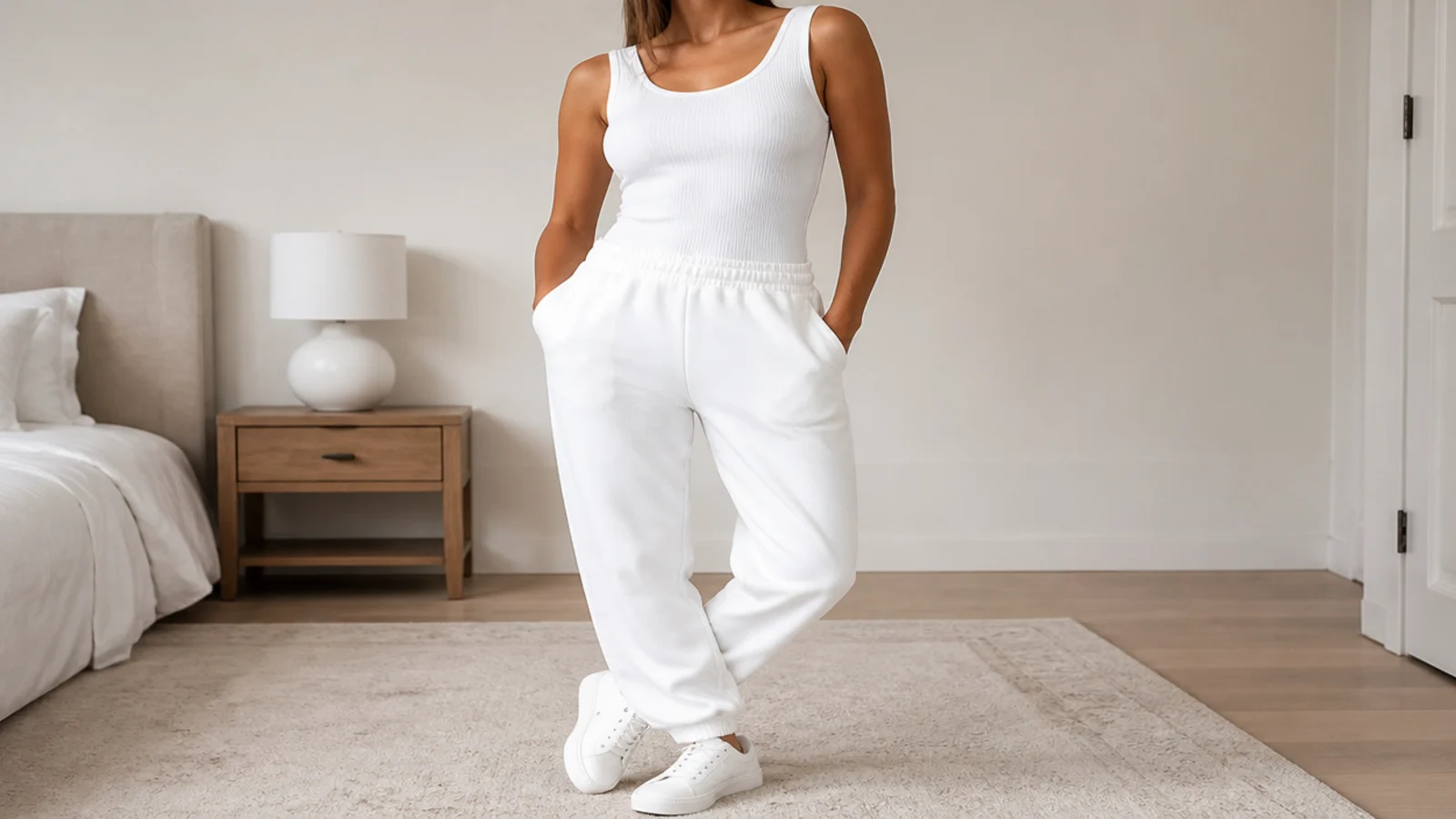 Faceless head-to-toe white outfit with white sweatpants, a fitted white ribbed tank and clean white leather sneakers