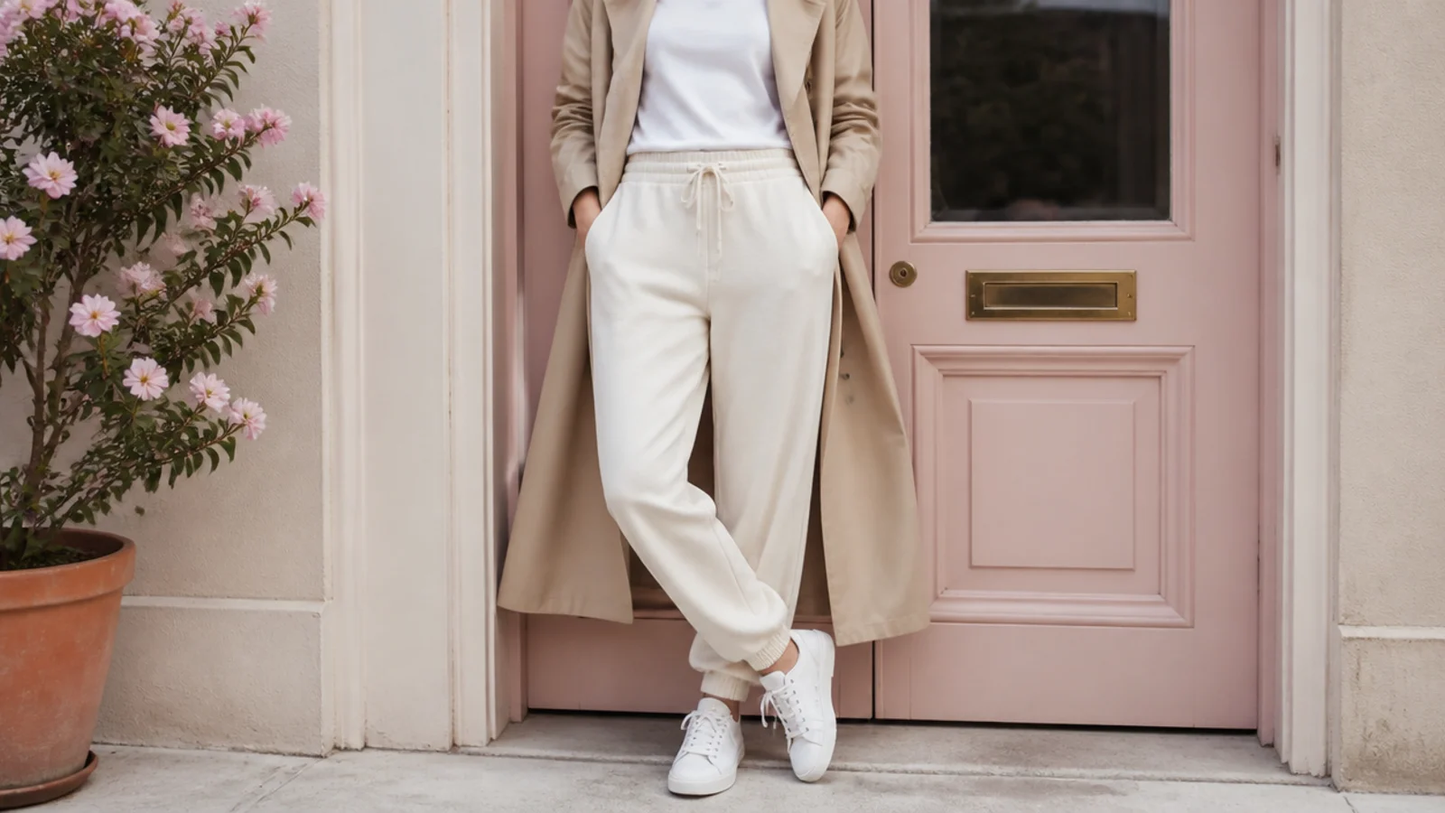 Faceless outfit with cream sweatpants, a white tee and a classic beige trench coat with white sneakers