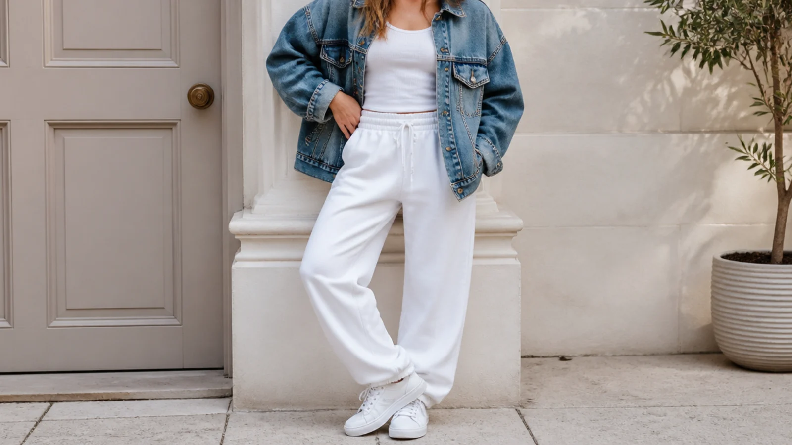 Faceless outfit with white sweatpants, a white tank and an oversized mid-wash denim jacket with white sneakers