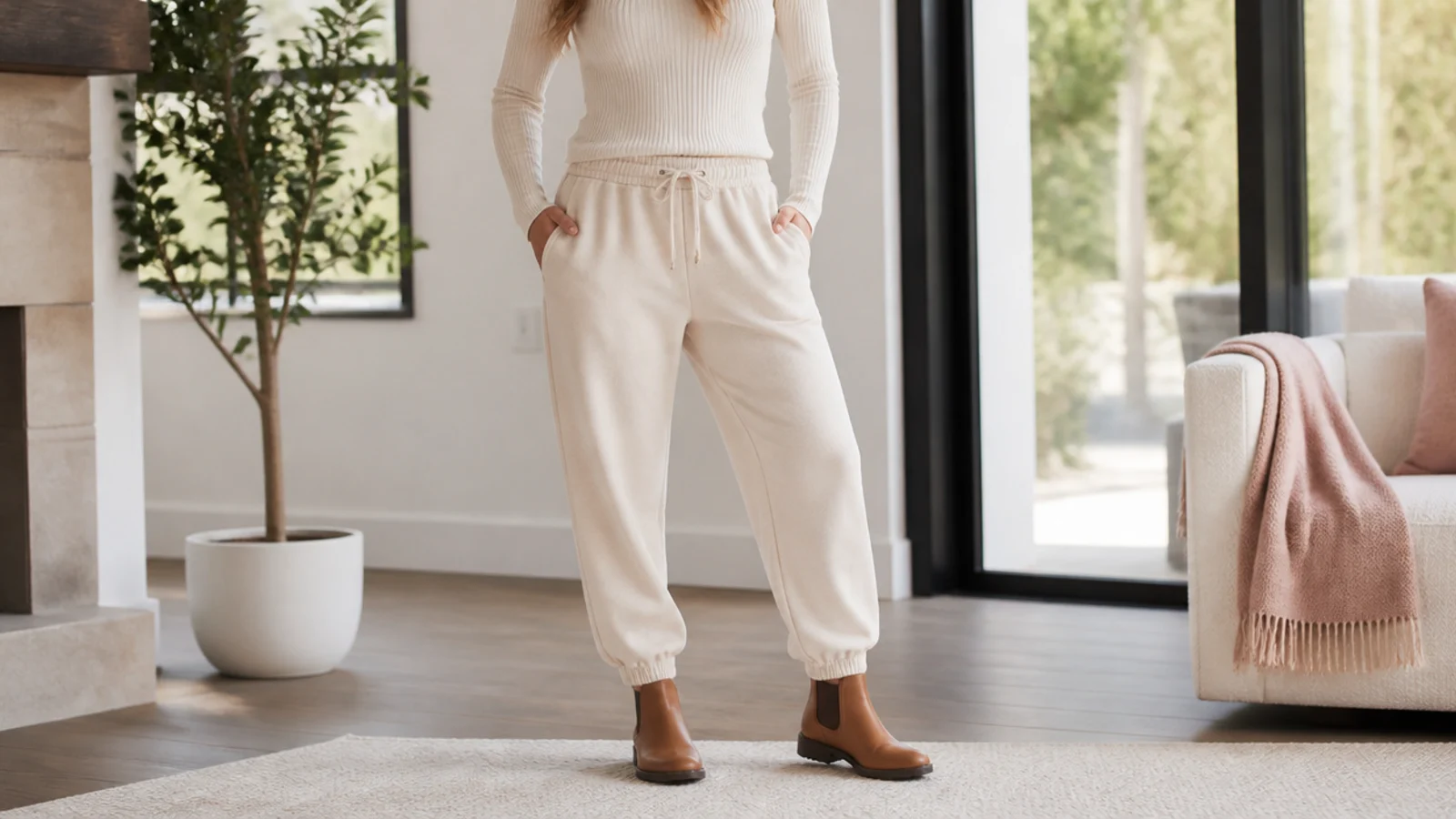 Faceless outfit with cream sweatpants tapered into tan leather Chelsea boots and a fitted cream knit