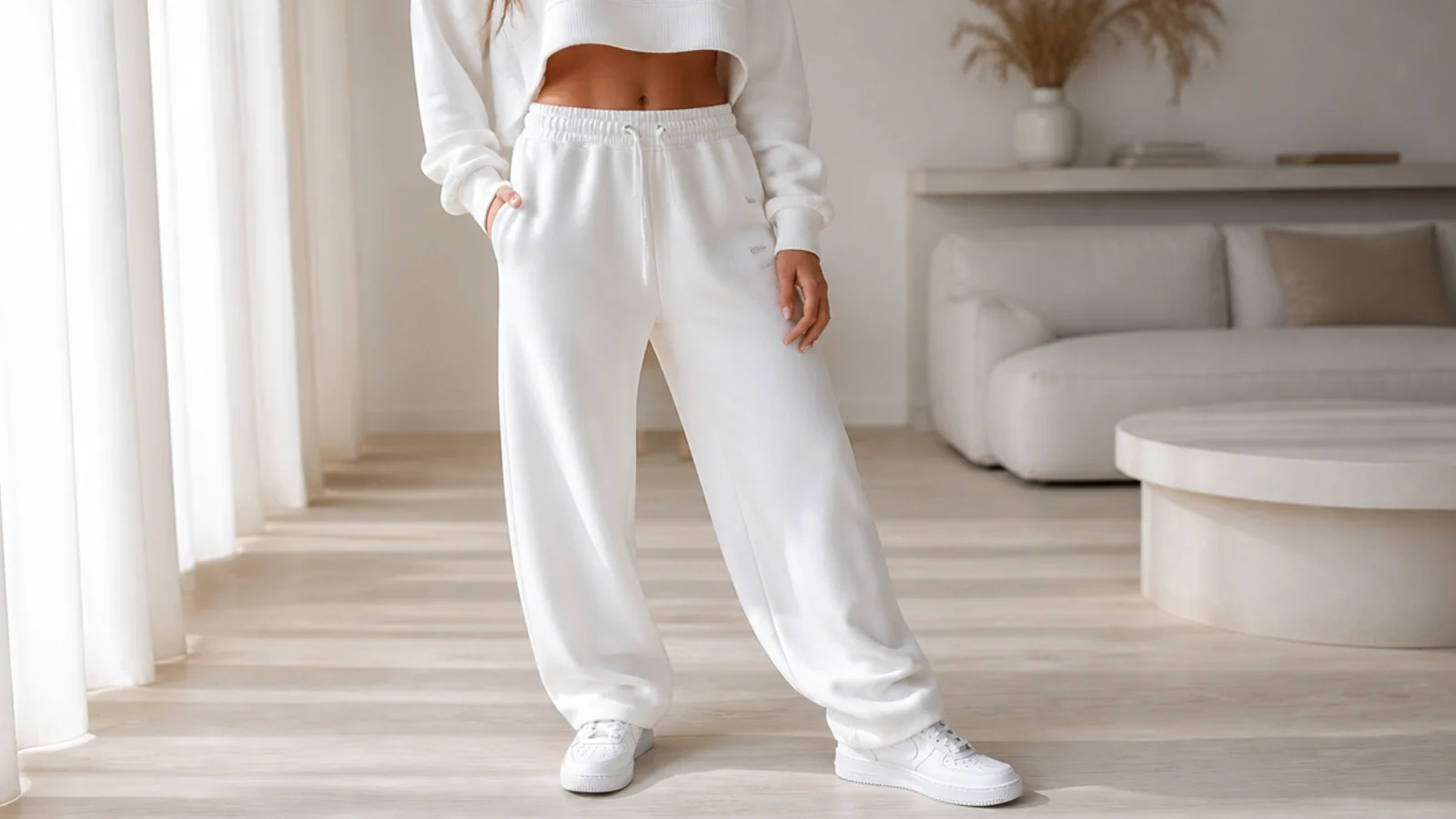 Faceless monochrome outfit with white sweatpants and a cropped white sweater showing the waistband with white sneakers